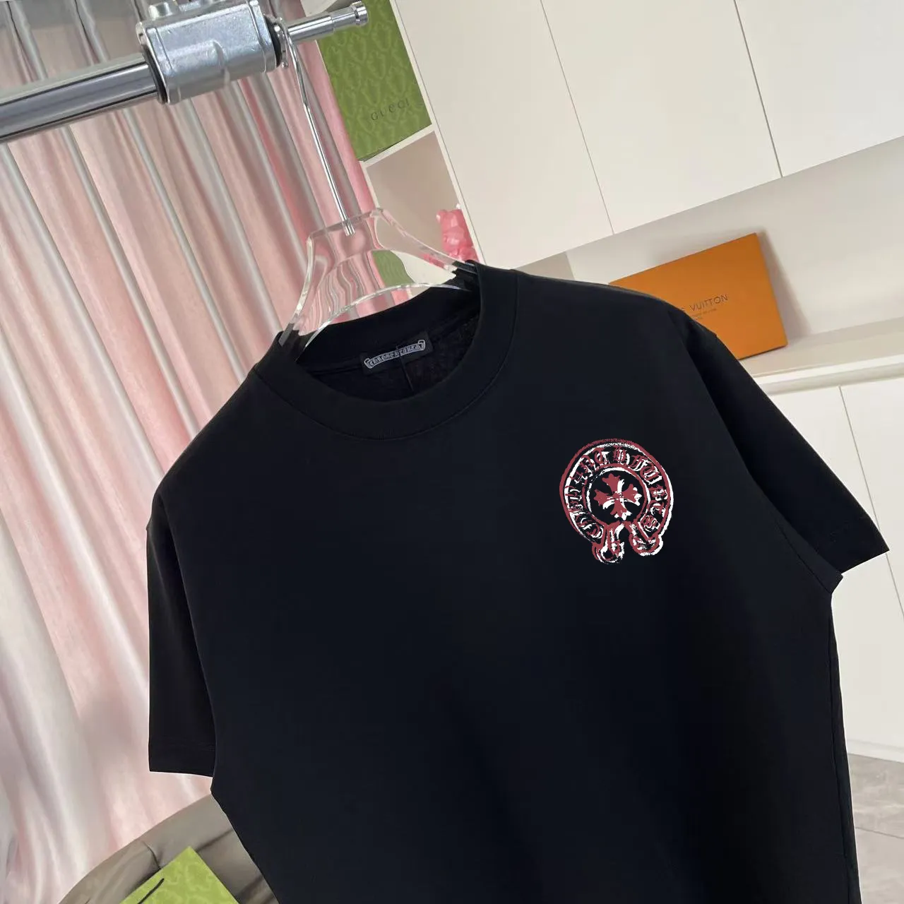 🅿️170 ch Cro* 2025 summer new style Sanskrit cross horseshoe print short-sleeved T-shirt customized fabric 300g same style for men and women Size: S M L XL XXL five sizes Color: black white rose red iron gray